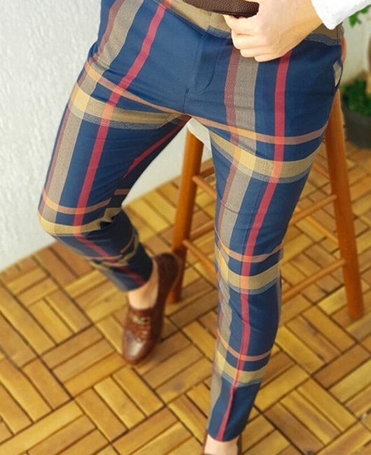Casual Contrast Color Plaid Print Stretch Slim Fit Pants