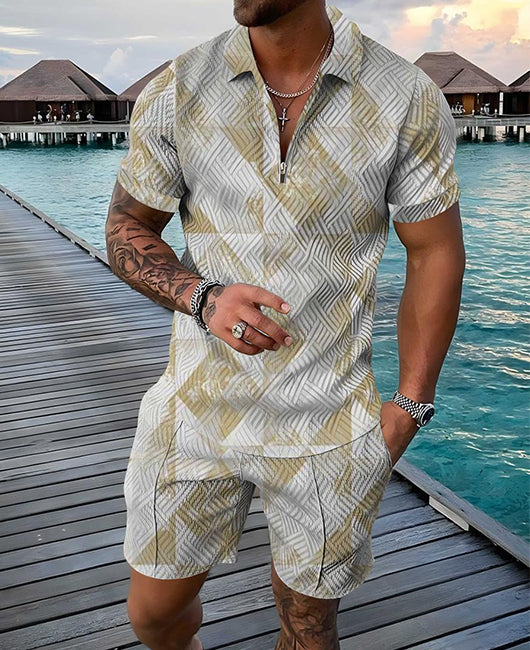 Vacation Casual Geo Print Half Zipper Short Sleeve Shirt & Shorts 2Pcs Set