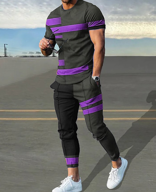 Casual Colorblock Print Short Sleeve T-Shirt & Pants 2Pcs Set