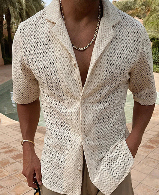 Casual Plain Lapel Collar Hollow Short Sleeve Shirt