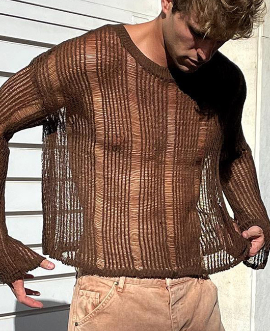 Casual Plain Hollow Crew Neck Long Sleeve Shirt