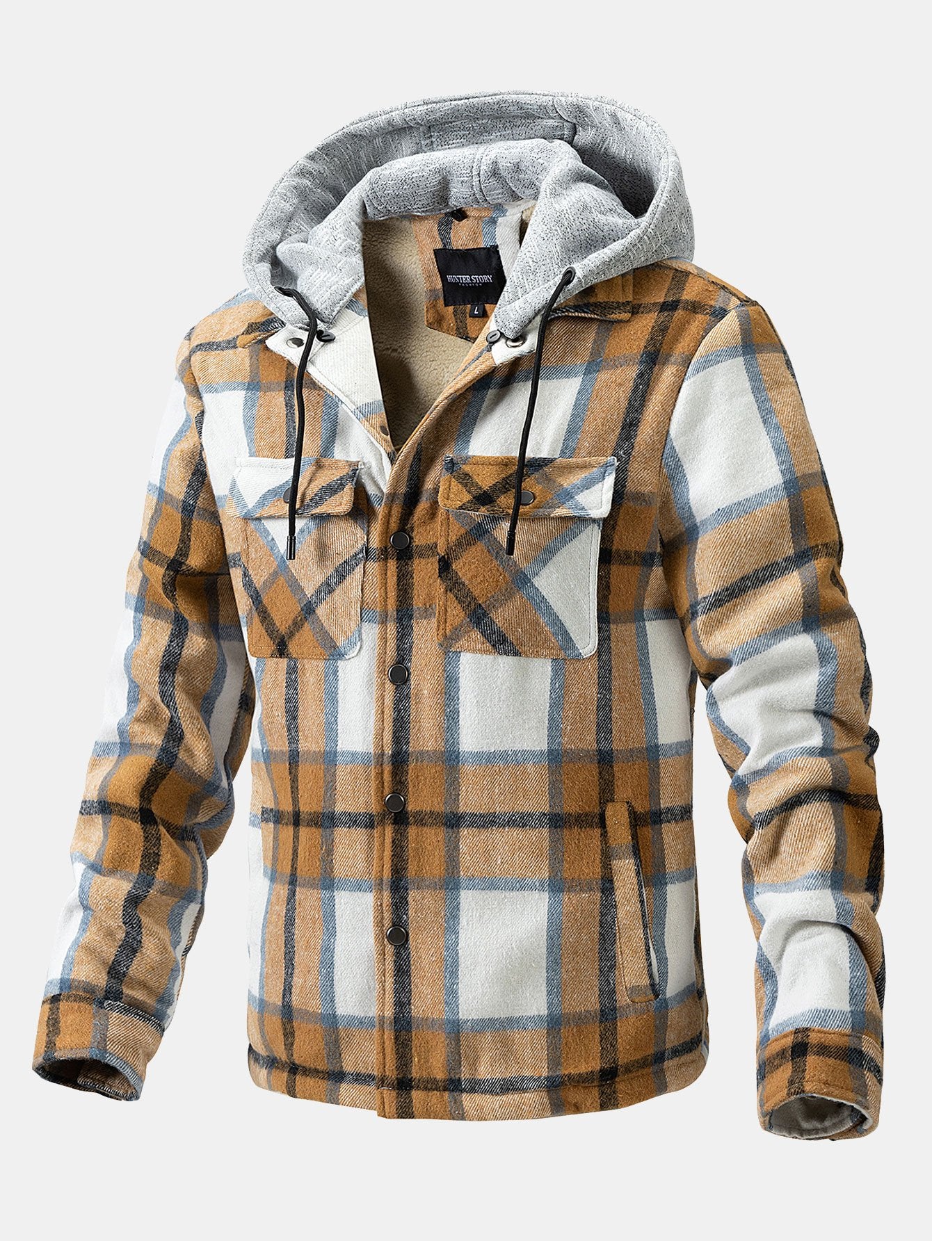 Teddy Fleece Lined Detachable Hooded Flannel Plaid Coat
