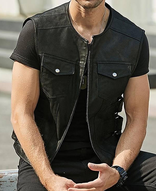 Fashion Crew Neck Plain PU Leather Pocket Zipper Vest