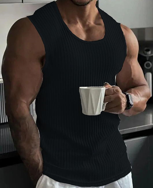 Sporty Plain Stripe Scoop Neck Sleeveless Breathable Tank Top