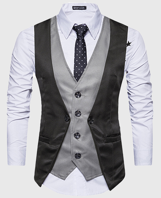 Casual Color Block Single Breasted Slim Fit Fake Two Pieces Blazer Vest