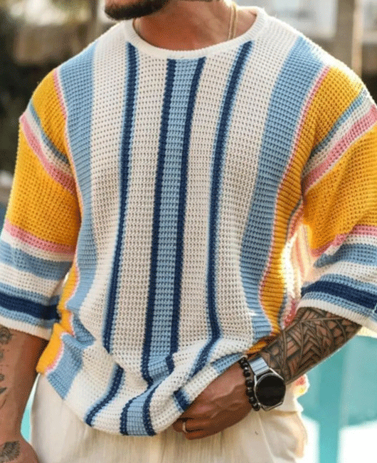 Casual Crew Neck Loose Color Block Striped Print Half Sleeve Shirt