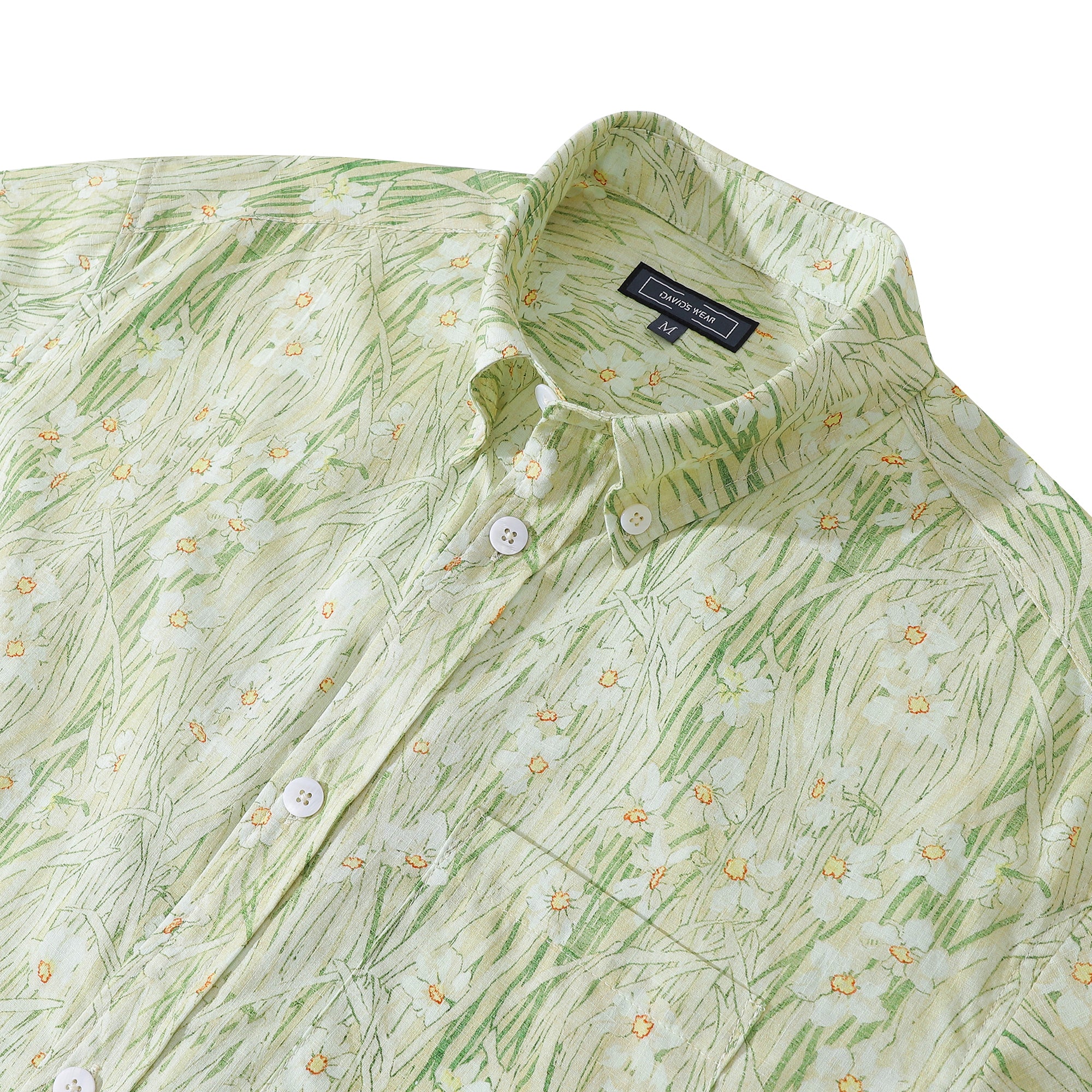 Men's Aloha Shirt Light Green Vintage Daffodils Floral Cotton Short Sleeve Button Down