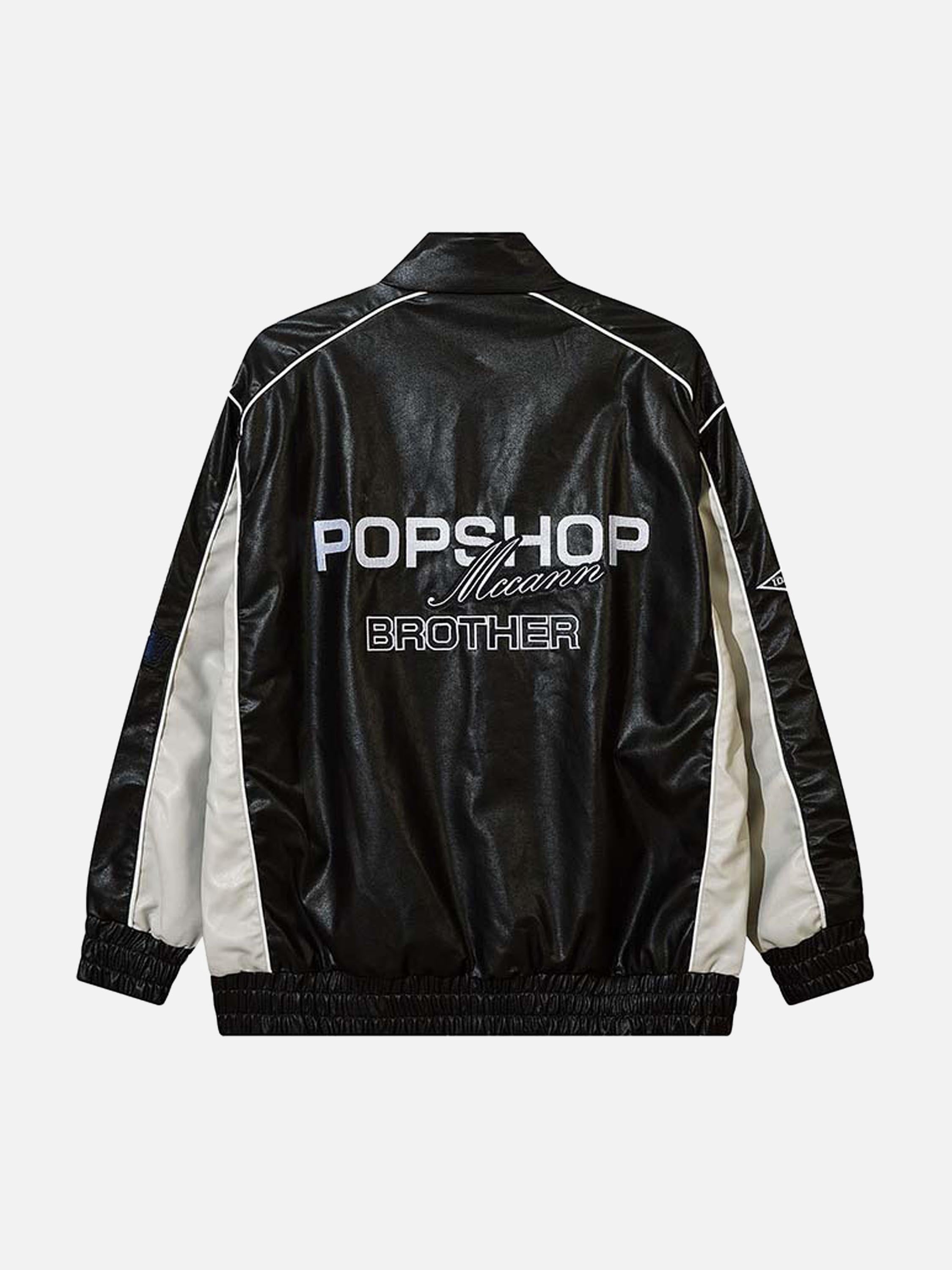 The Vimiaparty American Letter Embroidery PU Leather Patchwork Leather Jacket