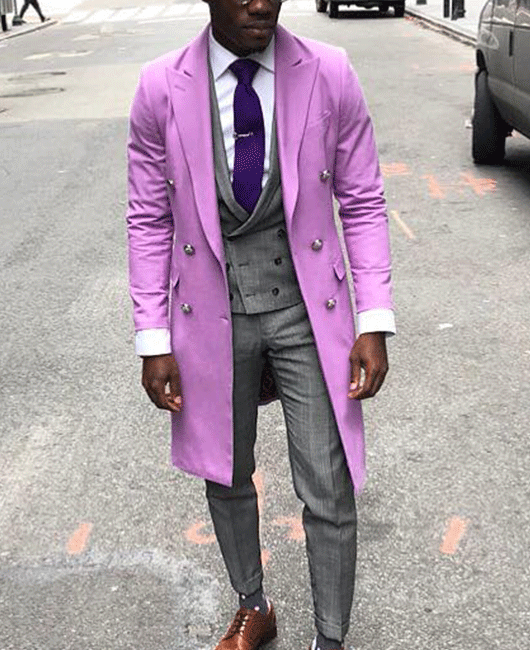 Purple Thin Woolen Double Breasted Lapel Collar Coat