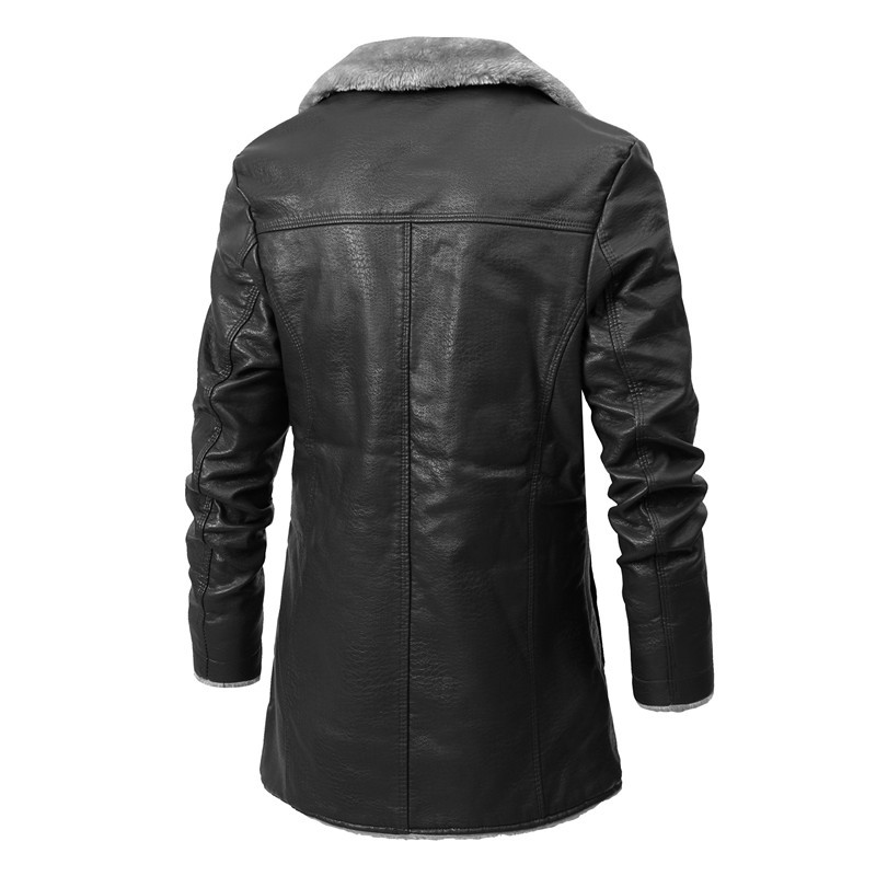 Men's Faux Leather Jacket Thick Faux Fur Shearling Lapel Collar Botton Down Long Trench Coats