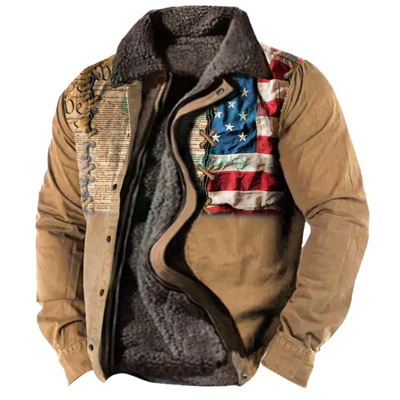 Men's Vintage Casual Flag Print Fleece Jacket