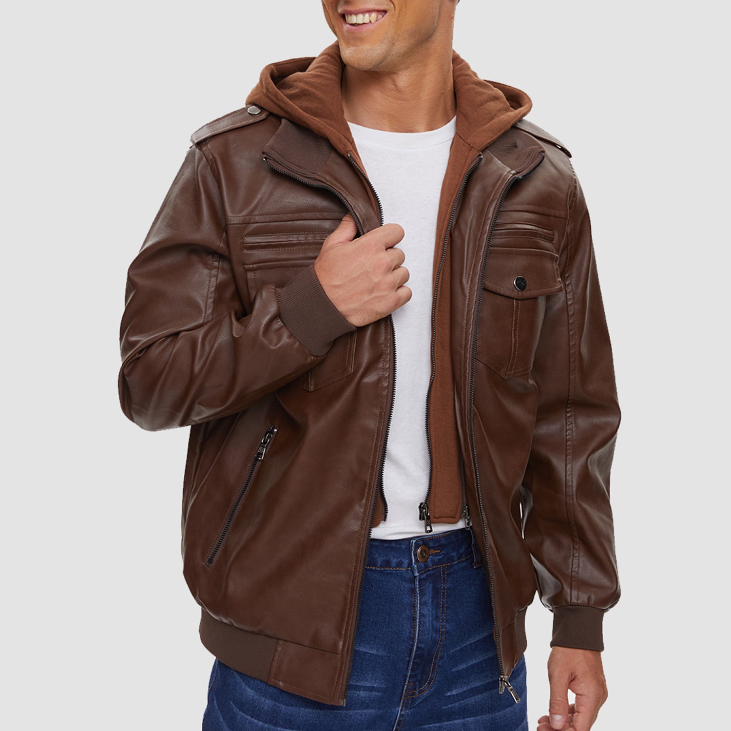 Men's PU Faux Leather Jacket Bomber Jacket with Removable Hood Motorcycle Jacket
