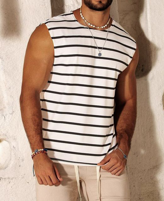 Casual Striped Crew Neck Sleeveless Loose Tank Top