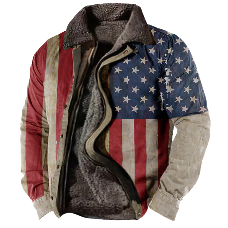 Men's Vintage Casual Flag Print Fleece Jacket