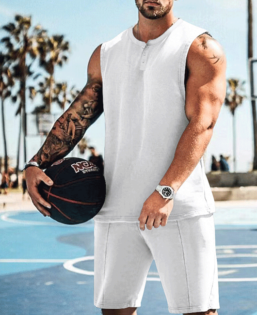 Sporty Plain Henry Neck Sleeveless Tank Top & Shorts 2Pcs Set