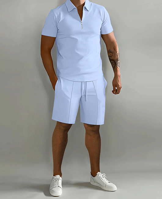 Basics Plain Half-Zipper Short Sleeve Polo Shirt & Shorts 2Pcs Set