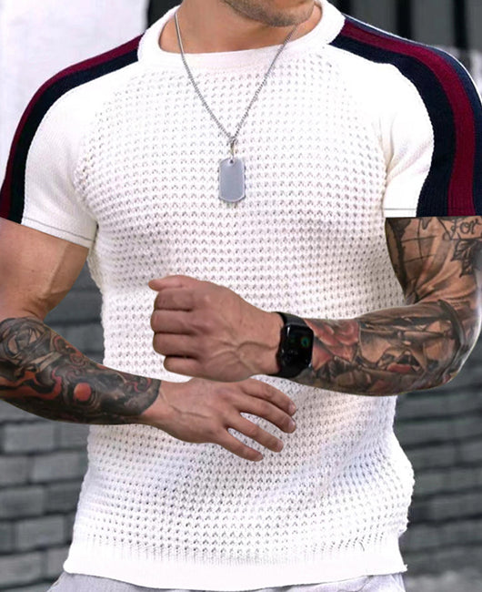 Casual Striped Print Round Neck Waffle Spliced Short Sleeve Top