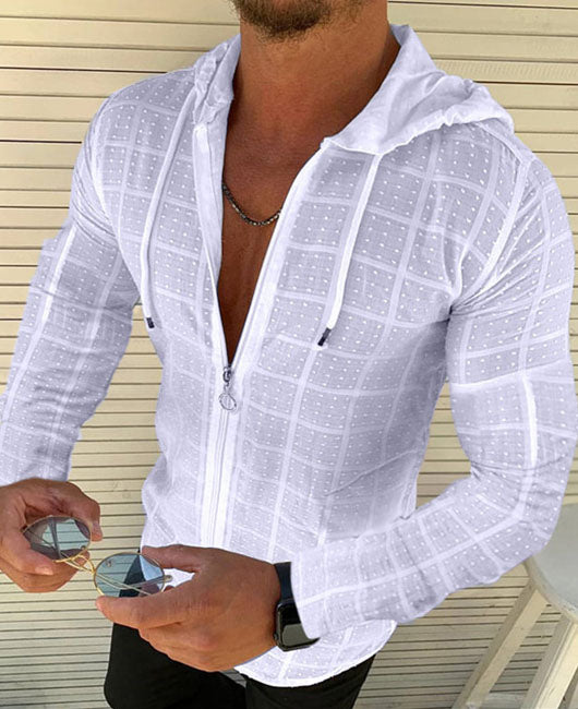 Casual Plain Zipper Plaid Print Hoodie Shirt