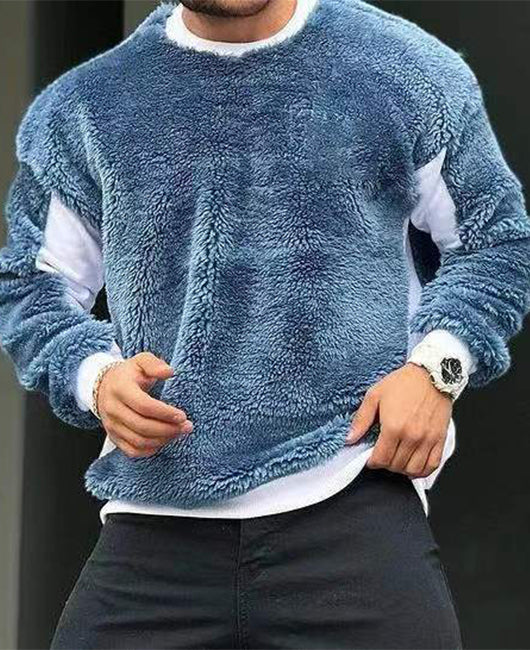 Casual Crew Neck Contrast Side Seam Teddy Pullover