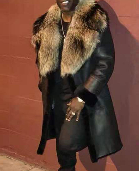 Fur Collar PU Leather Thermal Overcoat