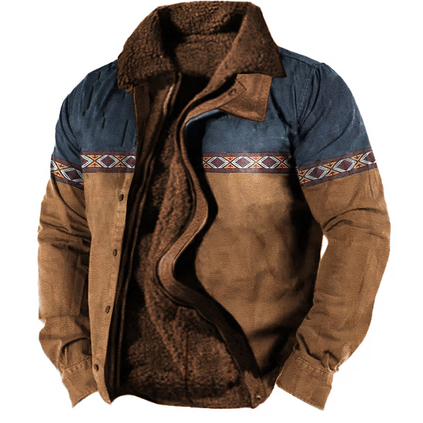 Men's Vintage Aztec Print Lining Plus Fleece Zipper Tactical Shirt Jacket