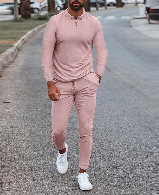 Solid Color Zipper Long Sleeve Shirt & Drawstring Pants