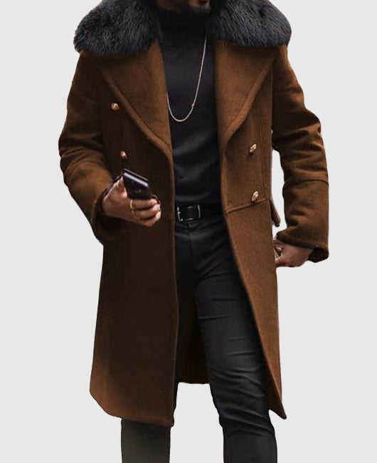 Fuzzy Collar Double Breasted Casual Overcoat