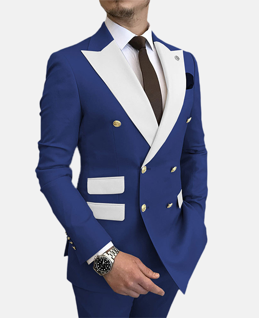Elegant Plain Collar Stitching Contrast Color Slim Fit Double Breasted Blazer & Pants 2Pcs Suit