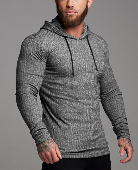 Men Solid Drawstring Rib-Knit Hoodie