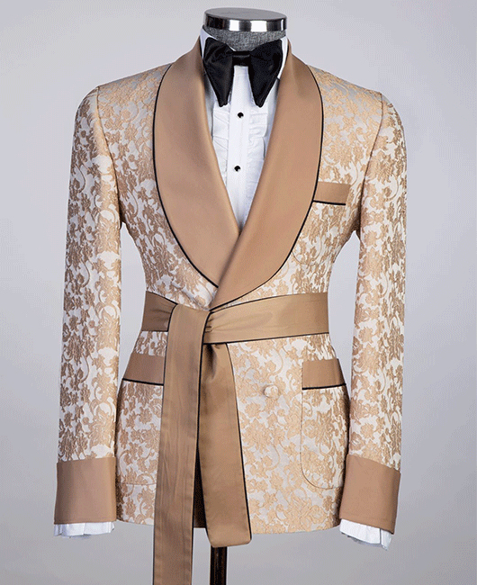OK Elegant Jacquard Shawl Lapel Belted Pocket Tuxedo