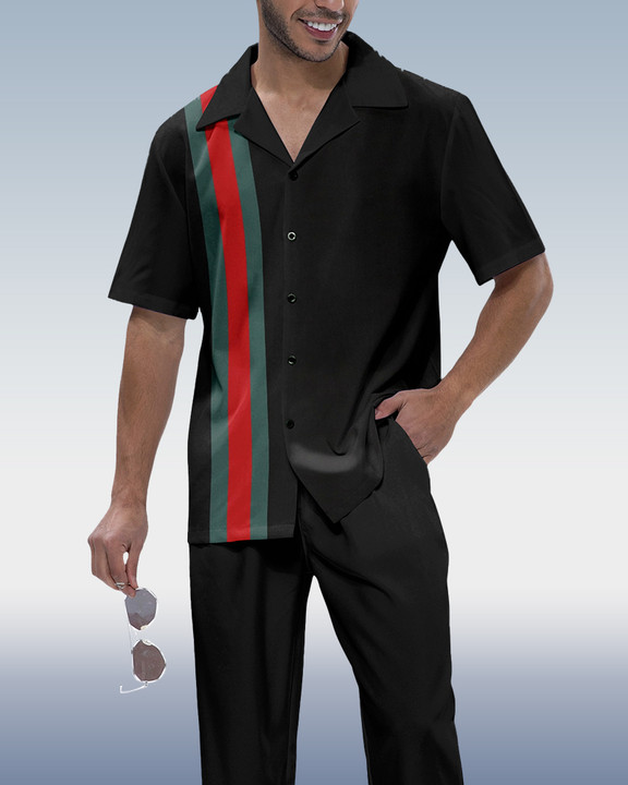 Men's Colorblock Print Short Sleeve Shirt Walking Set 246