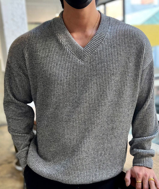 Casual V Neck Ribbed Knitted Top
