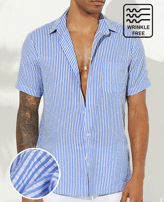 Casual Vertical Stripe Lapel Collar Short Sleeve Button Shirt