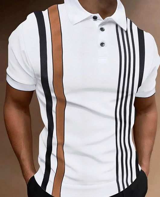 Classic Striped Print Lapel Collar Short Sleeve Button Polo Shirt
