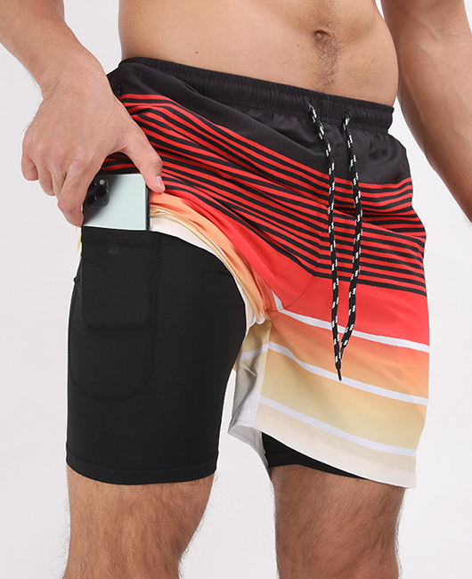 Vacation Casual Striped Print Elastic Waist Drawstring Shorts With Phone Pockets